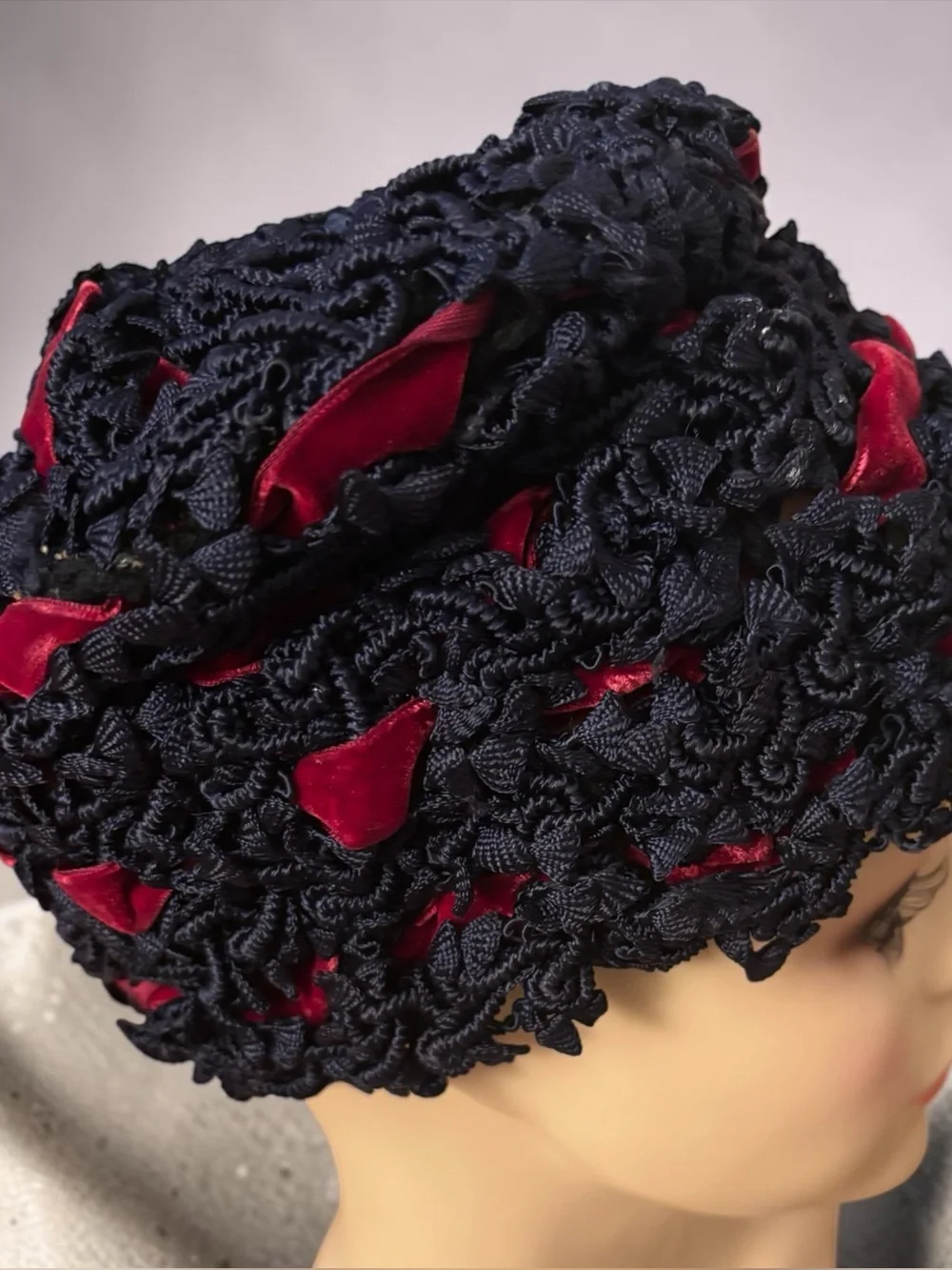 Vintage RARE Cloche Hat Black Knit & Red Velvet Ribbon Accents Peeking Through